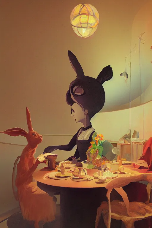 Image similar to Alice portrait tea party with Mr Rabbit in the wonder trash land Edward Hopper and James Gilleard, Zdzislaw Beksisnski, higly detailed