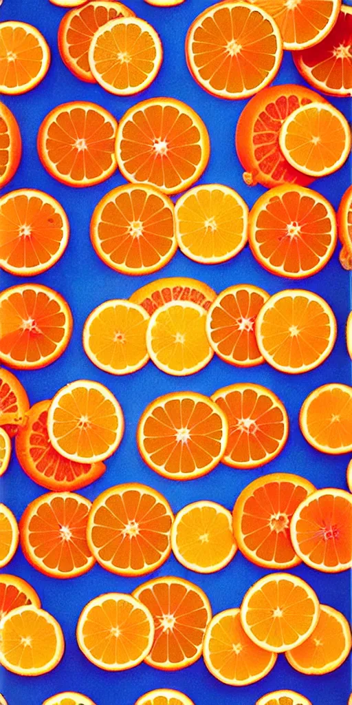 Prompt: cocktails and orange slices organized in a seamless repeating pattern of cocktails and orange slices, colourful, symmetrical, repeating 3 5 mm photography, in the style of toiletpaper magazine, surreal, high detail, photograph by slim aarons, wes anderson,