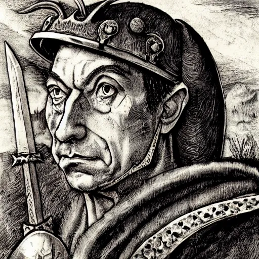 Prompt: mario draghi as a paladin, dragon slayer, medieval dressed, fantasy portrait by albrecht durer