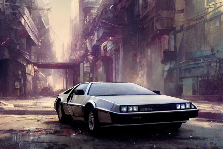 Image similar to photograph of the delorean, with a sleek spoiler, driving down the streets of a cyberpunk abandoned city, by greg rutkowski, by stanley artgerm, by alphonse mucha