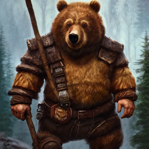 Image similar to Dwarf Woodsman riding Bear Companion, RPG Portrait Full Body, Oil Painting, Trending on Artstation, octane render, Insanely Detailed, 8k, HD