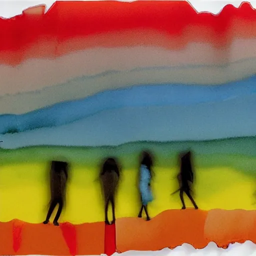 Prompt: A beautiful kinetic sculpture of a group of people standing in a line. They are all facing the same direction and appear to be waiting for something. by Helen Frankenthaler, by Jean-Paul Riopelle brightvibrant, joyful