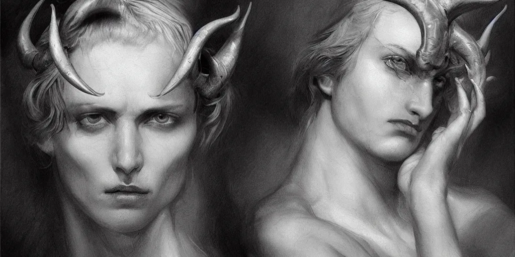 Prompt: highly detailed black and white photography of one face with pointed horns, hand gesture, beautiful, dark, masterpiece, art by durero, rubens, riccardo federici, roberto ferri, james jean, craig mullins, illustration, draw, spatula, splash