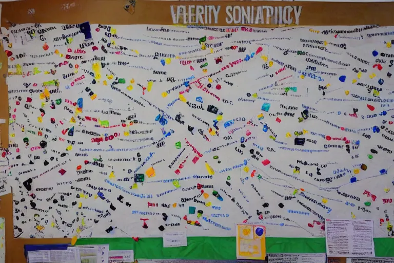 Prompt: a conspiracy theorist's bulletin board, notes and photos connected hapazardly by colored strings of yarn intricate, detailed, photo realistic