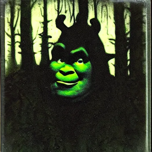 Prompt: old polaroid photo of creepy shrek staring from the depths of the dark gloomy forest, art by beksinski, bernie wrightson, john carpenter, creepy pasta, photorealistic, grainy, found footage, old film, low quality, horror, creepy, unsettling, terrifying