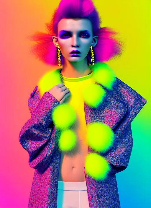 Prompt: coat for a rave, hairstyle, earrings, bright soft colors, soft yellow background, many details, prints, photo for a magazine, photo for a store, fashion photography, Vogue, 135 mm, cinematic, hyper realism, high detail, octane render, 8k, chrome accents, very coherent symmetrical artwork, perfect face model, Soft light, Reduced contrast