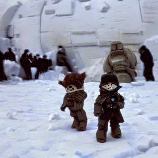 Image similar to baby steampunk snowtroopers on hoth having a snowball fight, action still, by cameldeath