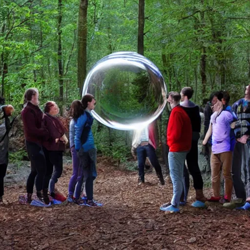 Image similar to a group of 20 people arranged in a circle pointing at a large reflective metal sphere in the forest. Found footage horror