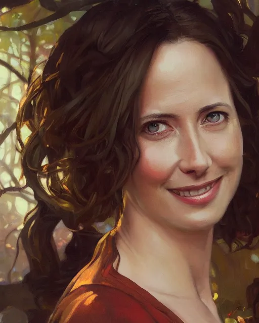 Prompt: a portrait painting of amy acker oil painting, gentle expression, smiling, elegant clothing, scenic background, unreal 5. rpg portrait, extremely detailed, artgerm, greg rutkowski, alphonse mucha, vladimir volegov, adolphe bouguereaum, greg hildebrandt, tim hildebrandt