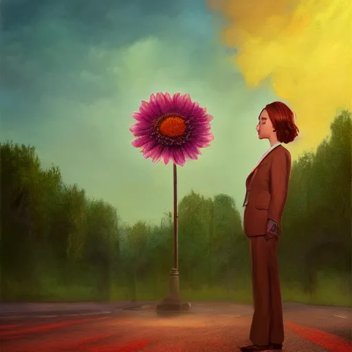 Image similar to giant daisy flower head, frontal, girl in a suit standing on street, surreal photography, sunrise, dramatic light, impressionist painting, digital painting, artstation, simon stalenhag