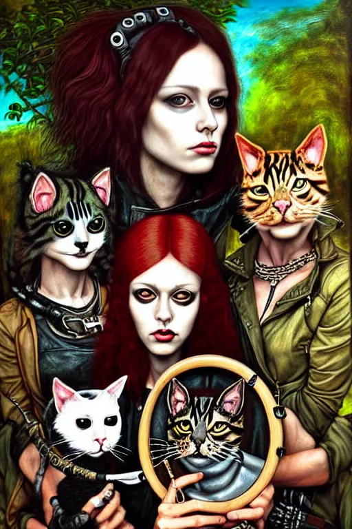 Image similar to punk rock girls making selfie with cats in jungle , mad max jacket, post apocalyptic, renaissance, oil painting like Leonardo Da Vinci, hyper realistic style, fantasy by Olga Fedorova