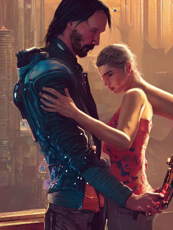 Image similar to a cyberpunk 2077 couple portrait of Keanu Reeves and V,love story,film lighting,by laurie greasley,Lawrence Alma-Tadema,William Morris,Dan Mumford,trending on atrstation,FAN ART,full of color,Digital painting,face enhance,highly detailed,8K, octane,golden ratio,cinematic lighting