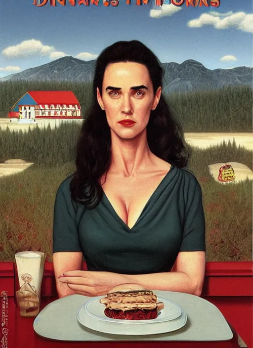 Image similar to portrait of jennifer connelly owner of diner, twin peaks poster art, from scene from twin peaks, by michael whelan, rossetti bouguereau, artgerm, retro, nostalgic, old fashioned