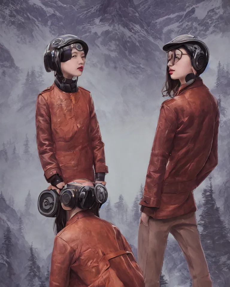 Prompt: highly detailed portrait of androgynous girl wearing bakelite leather jacket, bakelite rocky mountains, japanese haunted forest, by hsiao - ron cheng and artgerm, modular synthesizer helmet backpack, the grand budapest hotel, glow, no crop, digital art, artstation, pop art