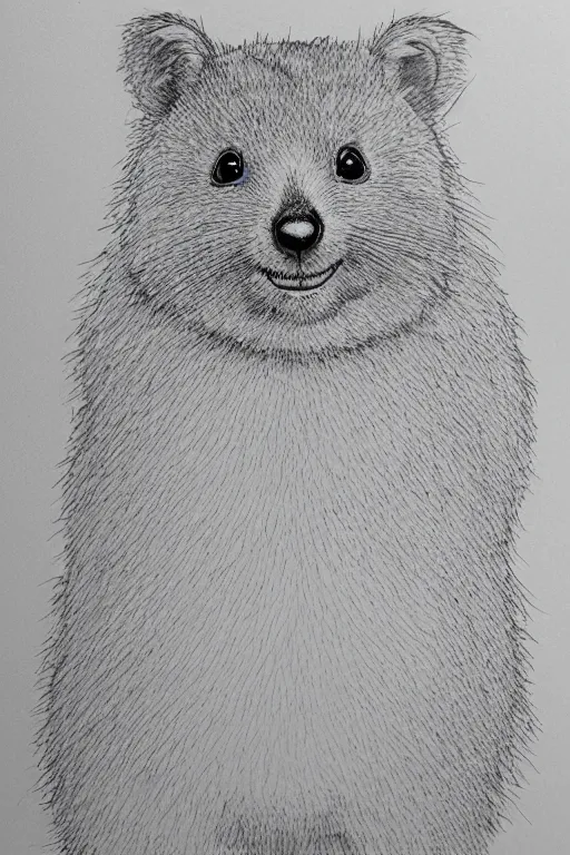 Prompt: portrait of a happy quokka, mcu, drawn with a single line, line drawing, art, minimalist, continuous line drawing, sakura pigma micron,