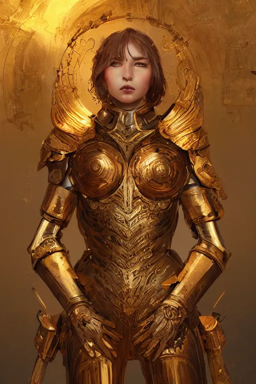 Image similar to portrait knights of Zodiac girl, golden and copper reflected armor, in ruined Agora of Athens, ssci-fi, fantasy, intricate, very very beautiful, elegant, highly detailed, digital painting, artstation, concept art, smooth, sharp focus, illustration, art by WLOP and tian zi and alphonse mucha