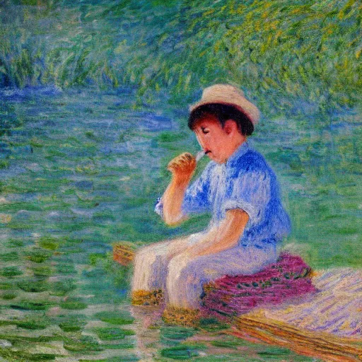 Image similar to in the style of Monet, a boy is eating foods, very highly detailed, 8k, wallpaper