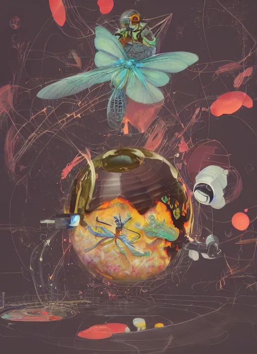 Image similar to surreal gouache painting, by yoshitaka amano, by ruan jia, by Conrad roset, by good smile company, detailed anime 3d render of a magical round flying Vinyl Discos , DJ Mixer, deck surrounded by Dragonfly,flying discos , controller, portrait, cgsociety, artstation, rococo mechanical and Digital and electronic, dieselpunk atmosphere