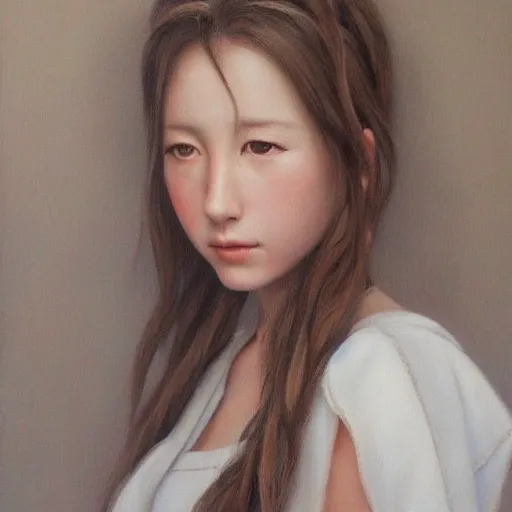 Prompt: photorealistic painting of Aerith Gainsborough captures every detail of the artist’s female subjects, such as their soft skin, flowing hair, and textured clothing. Yasumoto Oka