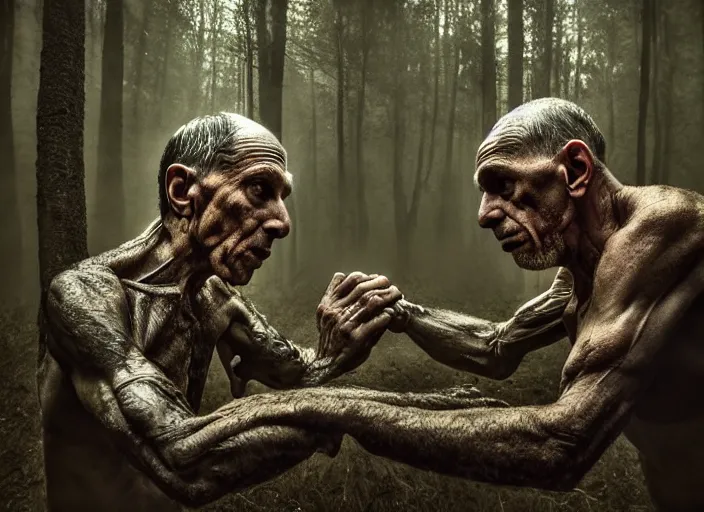 Image similar to photo, arm wrestlers, woodland location, stefan kostic and david cronenberg, realistic, sharp focus, 8 k high definition, intricate, chiaroscuro, elegant, perfect faces, symmetrical face, extremely detailed, hypnotic eyes, realistic, fantasy art, masterpiece zdzislaw beksinski, national geographic, artgerm