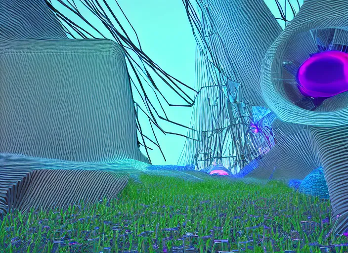 Image similar to meadows inspired by compression algorithms, alien plants, giant computer-circuitry structures sticking out, abstract, pastel tones, low-poly, ray-tracing, 4k, high-quality render, trending on artstation