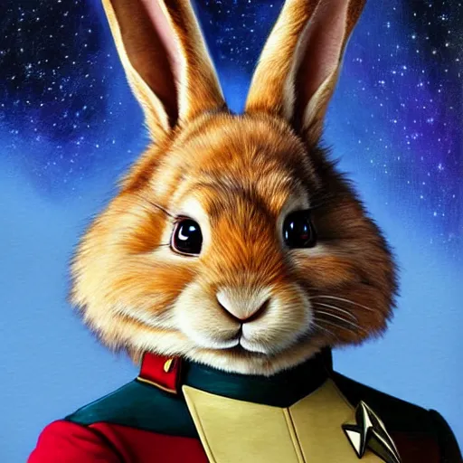 Image similar to a portrait of a rabbit in a starfleet uniform star trek chief engineer. zootopia fursona furaffinity furry art detailed face highly detailed painting by gaston bussiere craig mullins jc leyendecker gustav klimt artgerm greg rutkowski furry