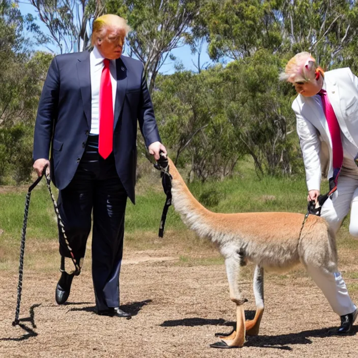 Image similar to a photo of Donald trump walking a kangaroo on a leash