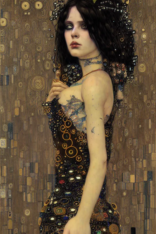 Prompt: portrait of beautiful young gothic maiden, cyberpunk, highly detailed, artstation, illustration, art by Gustav Klimt