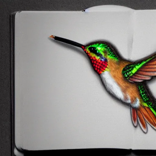 Prompt: pencil sketch of a phoenix hummingbird reads a book while on fire raytracubg 3d render cute trending on artstation HD digital art