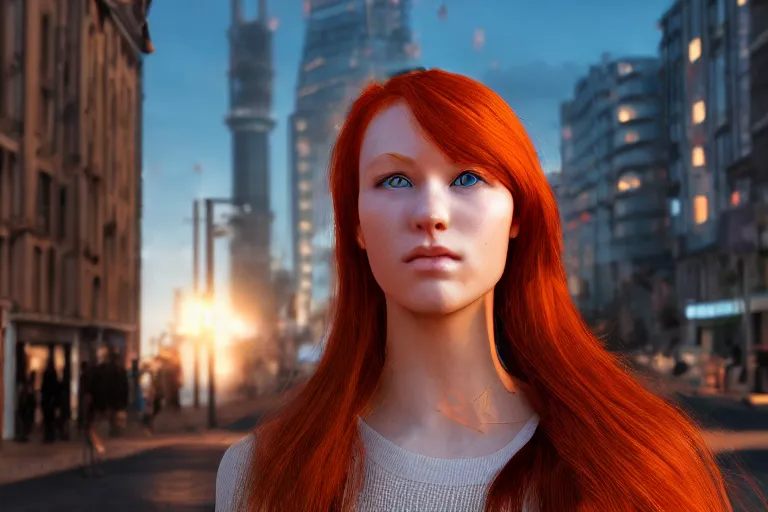 Image similar to hyperrealistic portrait of stunningly beautiful redhead nordic girl, lit in a dawn light, busy city on background, trending on artstation,ultrawide angle, f8 , polarizer , unreal engine