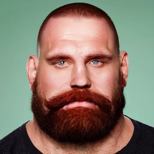 Image similar to burly russian man with large jaw, medium - length red hair, short goatee, innocent green eyes, and broad shoulders