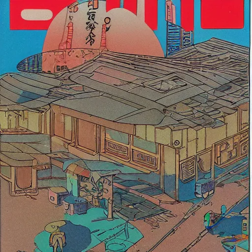 Image similar to 1979 magazine cover depicting a futuristic Japanese village at street level. Art in the style of Moebius, cyberpunk, masterpiece