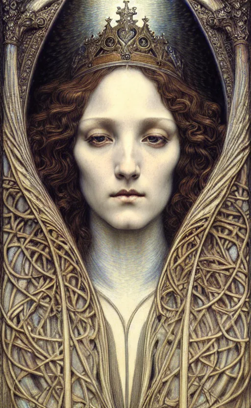 Image similar to detailed realistic beautiful young medieval queen face portrait by jean delville, gustave dore and marco mazzoni, art nouveau, symbolist, visionary, gothic, pre - raphaelite. horizontal symmetry