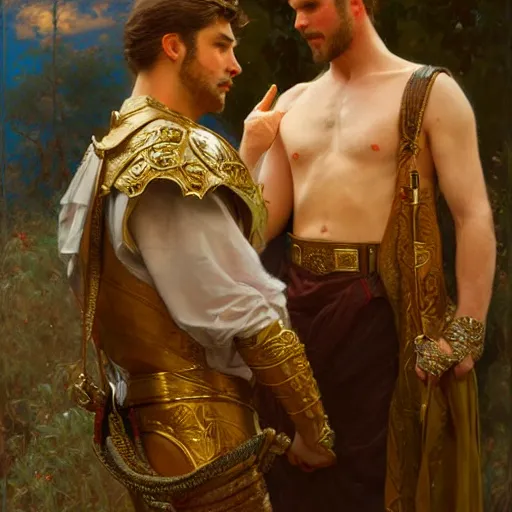 Image similar to attractive fully clothed king confesses his love for his attractive fully clothed male prince. highly detailed painting by gaston bussiere, craig mullins, j. c. leyendecker 8 k