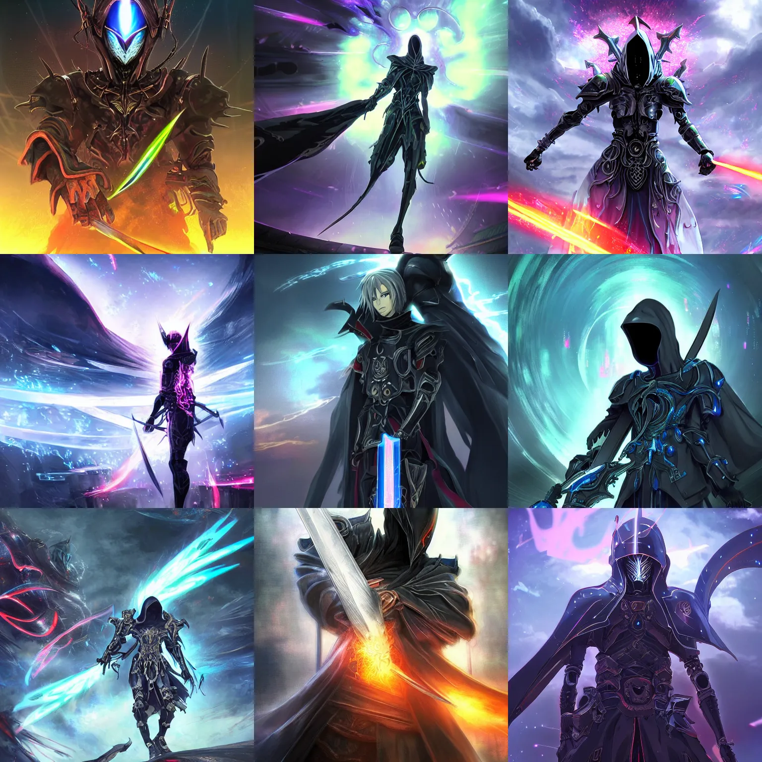 Prompt: Powerful terrifying ornate cybernetic dark hooded entity sword fighting warrior god of death, beautiful high quality realistic anime CGI from Makoto Shinkai, fantasy, detailed, iridescent, technological, gothic influence, royal, colorful, epic, explosions of power, smoke, thunderous battle, fluorescent colors, epic, futuristic, intricate, dark, sparkling, megastructure in the background, water, smooth anime CG art, iridescent, fluorescent colors, animation, in the style of Makoto Shinkai