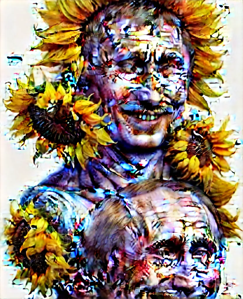 Image similar to digital art, centered full body of young any old Putin smiling king, Sunflower crown, ,intricate, veins, by James Jean and by artgerm , by ross tran ultradetailed, charachter design, concept art, trending on artstation,