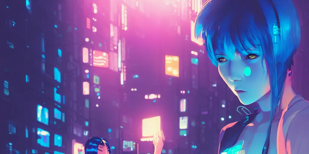 Image similar to digital illustration closeup of cyberpunk pretty girl with blue hair in city street at night by makoto shinkai, ilya kuvshinov, lois van baarle, rossdraws, basquiat