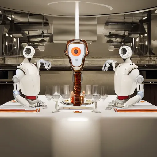 Image similar to three large white glossy kuka industrial robot arms on the floor around a dinner table, the robot arms are wearing bow ties, they are having dinner inside a fine dining restaurant with mid century modern furniture and decor, global illumination, artstation, fantasy