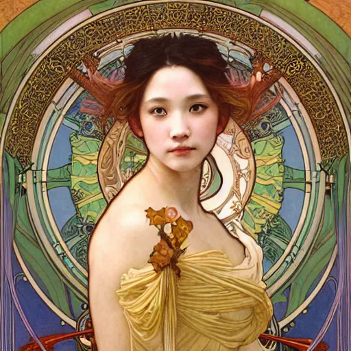 Image similar to detailed portrait art nouveau painting of Ashley Liao as the goddess of the sun, with anxious, piercing eyes, by Alphonse Mucha, Michael Whelan, William Adolphe Bouguereau, John Williams Waterhouse, and Donato Giancola