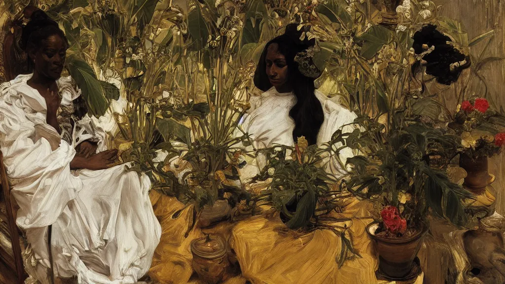 Image similar to high quality high detail painting by lucian freud, jenny savile, ilya repin and john singer sargent, black woman in a white room with many plants, intricate costume design, orientalist, partially gold, ornate, elite, luxury, hd