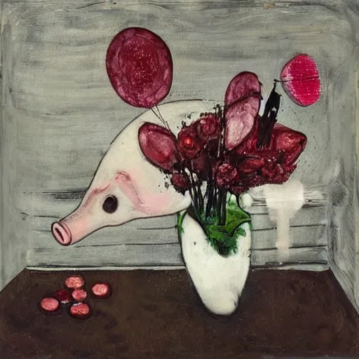 Image similar to “pig paintings and pig sculptures in a pig art gallery, pork, ikebana white flowers, white wax dripping, squashed raspberry stains, acrylic and spray paint and oilstick on canvas, by munch and Dali”