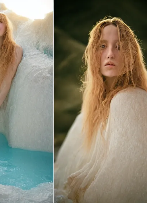 Prompt: Kodak Portra 400, 8K, soft light, volumetric lighting, highly detailed, britt marling style 3/4 ,portrait photo Close-up portrait photography of a beautiful woman how pre-Raphaelites, the face emerges from Pamukkale, thermal waters flowing down white travertine terraces, inspired by Ophelia paint ,and hair are intricate with highly detailed realistic beautiful flowers , Realistic, Refined, Highly Detailed, interstellar outdoor soft pastel lighting colors scheme, outdoor fine art photography, Hyper realistic, photo realistic