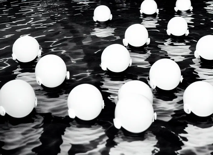 Prompt: realistic photo of a group of common girls in white tights, wearing white spherical helmets, spherical hats, in a big pool with dark black oil water, in a center of the pool with grey black mercury oil water, the sky is grey 2 0 0 0, life magazine photo,