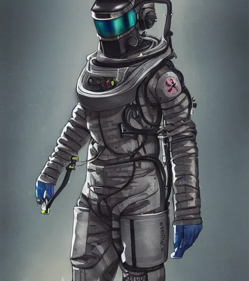 Image similar to realistic cyberpunk japanese engineer with long limbs and a black spacesuit welding, techwear, dead space, visible face, Industrial Scifi, detailed illustration, character portrait, by Martin Grip and Moebius