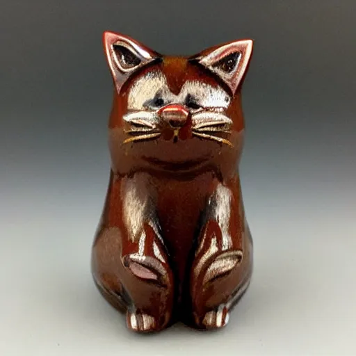 Image similar to elegant anthropomorphic cat figurine wearing a kimono, cast brown resin, toggles, very highly detailed, intricate, monotone, shy looking down