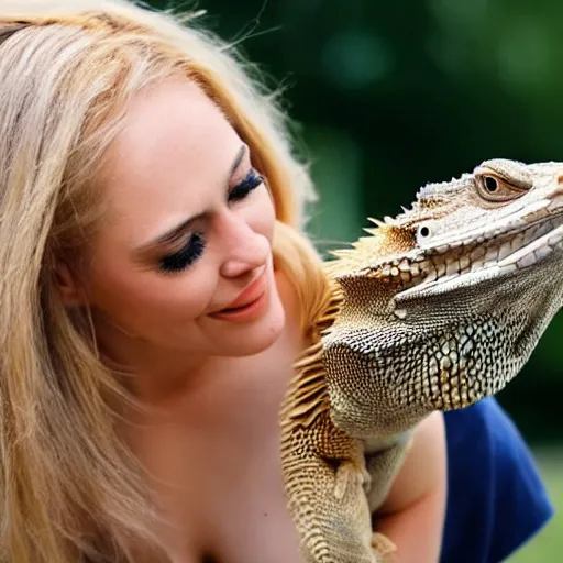 Image similar to a giant bearded dragon hanging out with blonde hair women