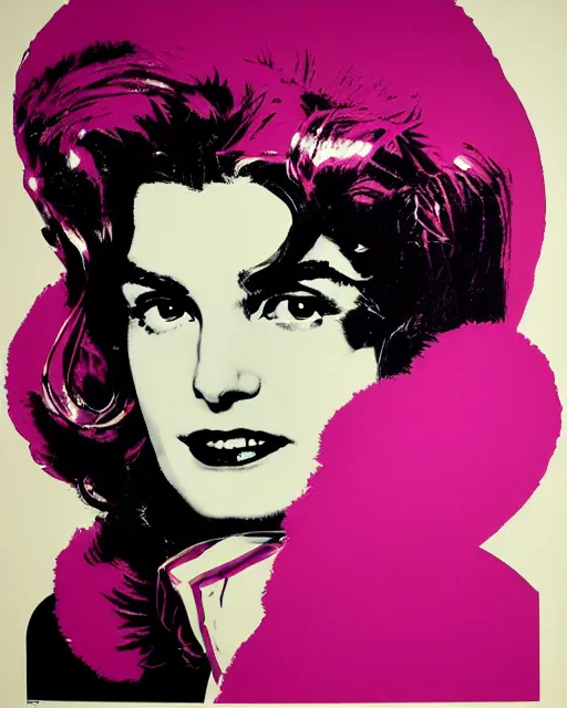 Image similar to beautiful fantasy character portrait, jacqueline kennedy silk screen print by andy warhol, wearing oversized puffy pink bomber jacket and black bikini, ultra realistic, wide angle, seductive pose, cyberpunk artifacts, highly detailed by peter mohrbacher, hajime sorayama, wayne barlowe, boris vallejo, aaron horkey, gaston bussiere, craig mullins