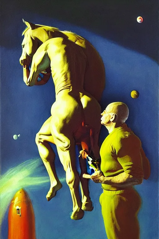 Prompt: astronaut bodybuilder carries a horse in his hands, hauntingly surreal, highly detailed painting by francis bacon, edward hopper, adrian ghenie, gerhard richter, and james jean soft light 4 k,