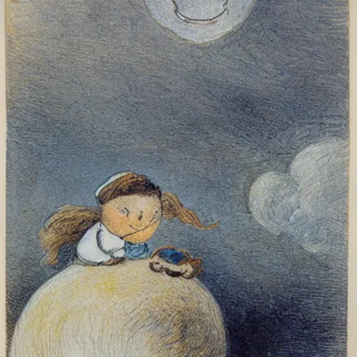 Prompt: candid portrait of white ball in the sky with face smiling eyes closed, surrounded by clouds, illustrated by peggy fortnum and beatrix potter and sir john tenniel