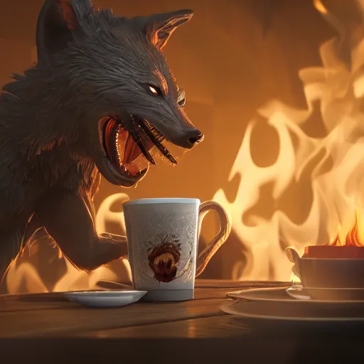 Image similar to A epic and beautiful rococo werewolf drinking coffee, in a burning coffee shop. ultra-detailed. Anime, pixiv, UHD 8K CryEngine, octane render